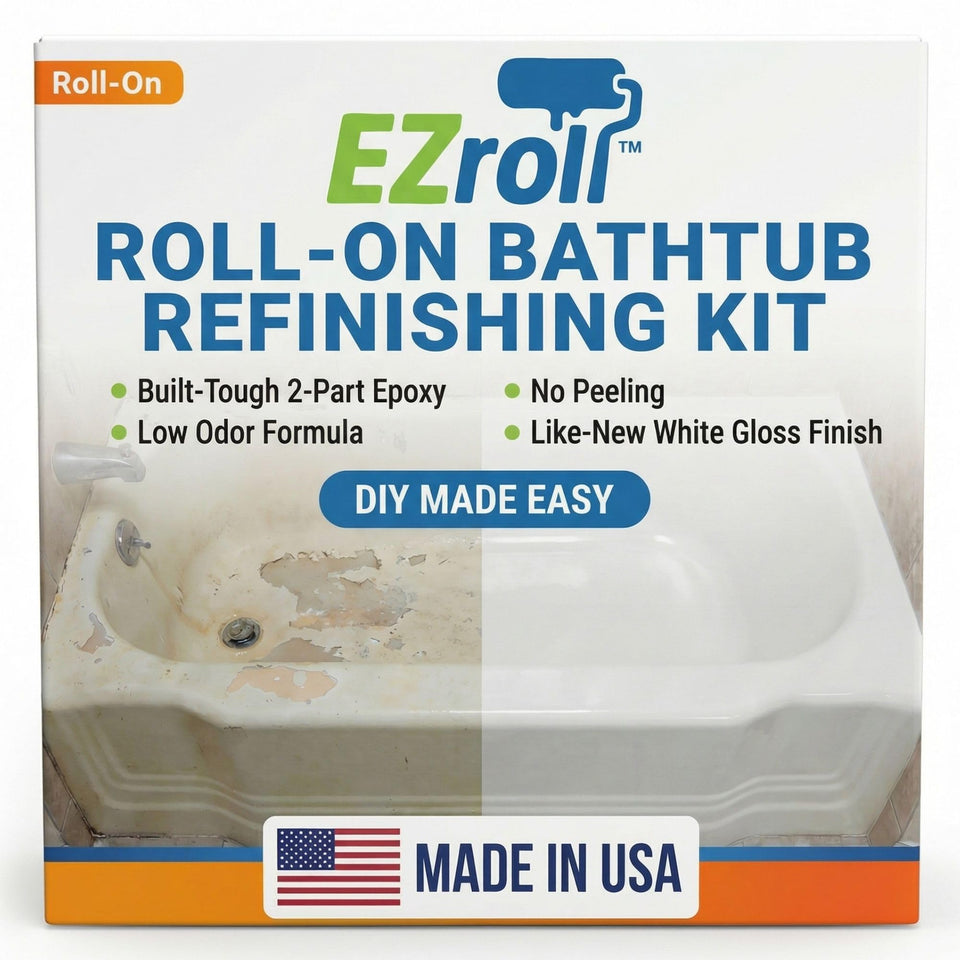 EZroll bathtub refinishing kit showing dramatic before-and-after with durable tile and tub finish.