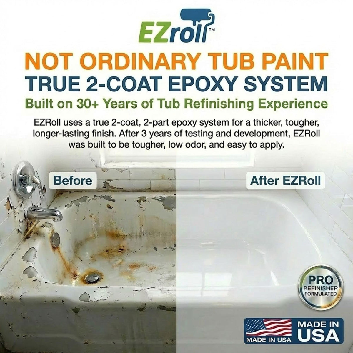 EZroll low-odor roll-on bath paint being applied with minimal fumes.