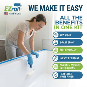 EZroll white high-gloss bath finish revitalizes a dated bathroom.
