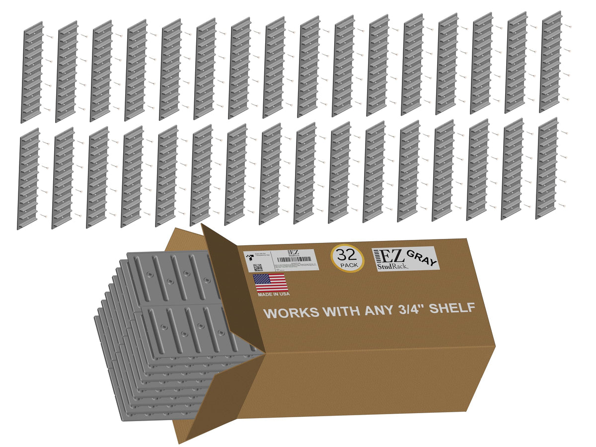 EZStudRack 32-pack gray brackets ready for multi-shelf installations