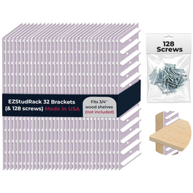 EZStudRack shelf brackets wall-mounted in white for sturdy 16-pair storage.