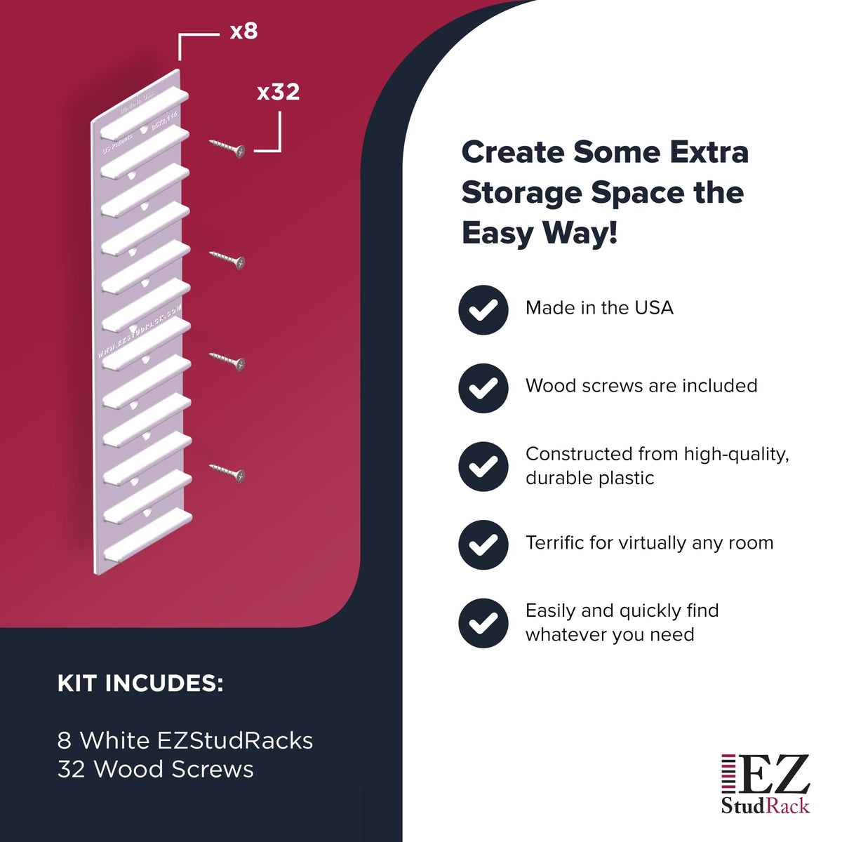 EZStudRack stud-mounted brackets ensure secure, long-lasting shelves.