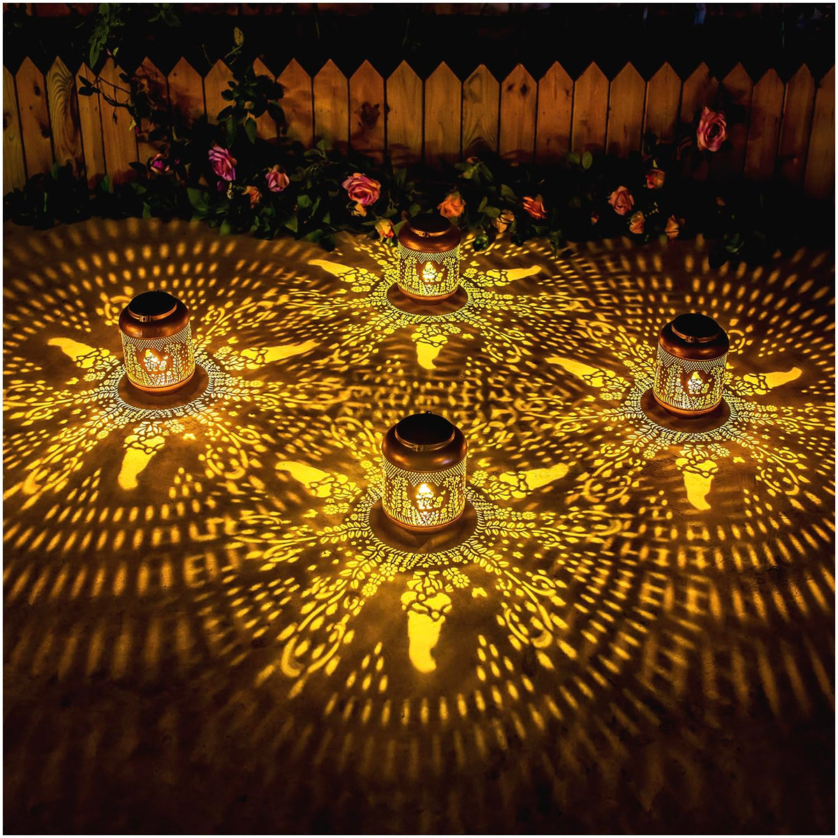 EZTZEN gnomes solar lantern backyard scene with decorative glow.