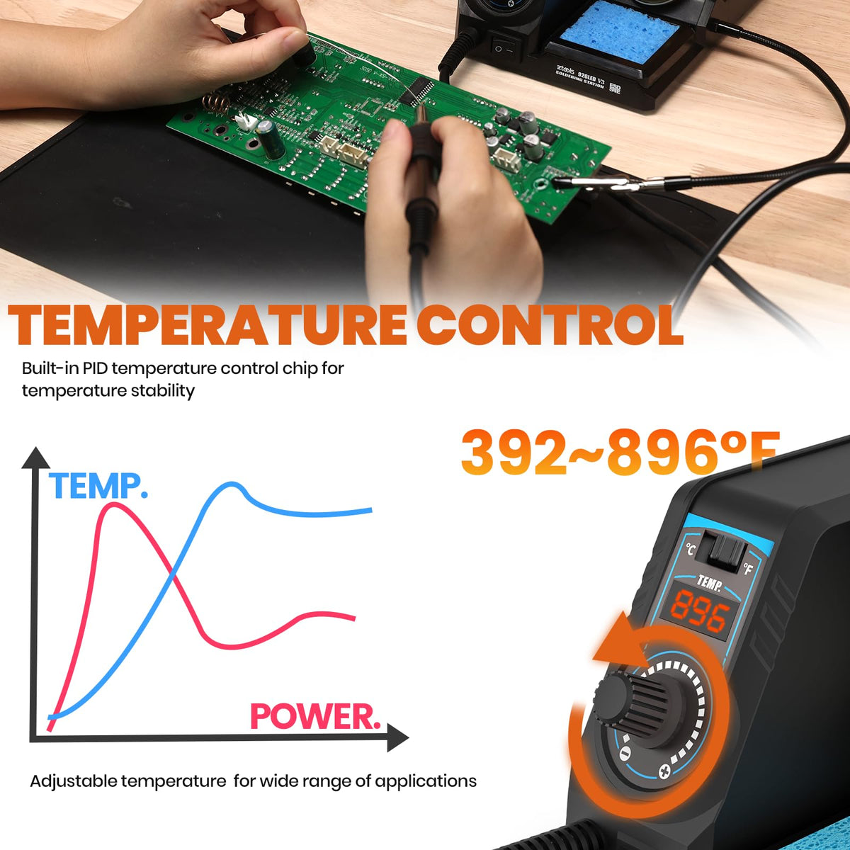 EZTOOLS 926LED V3 station side view with temperature control knob for precise adjustments