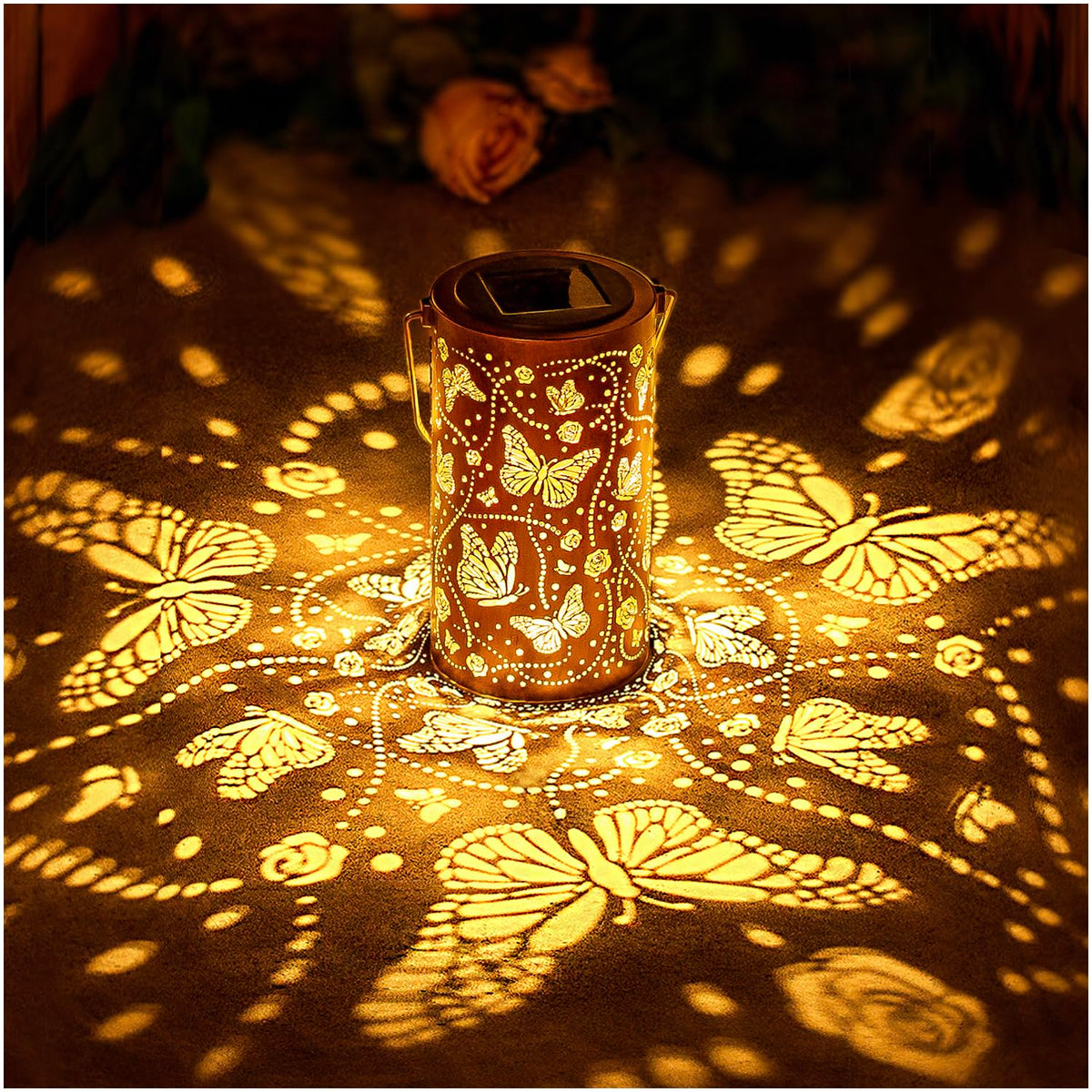 EZTZEN butterfly solar lantern hanging casts warm garden patterns for dusk ambiance