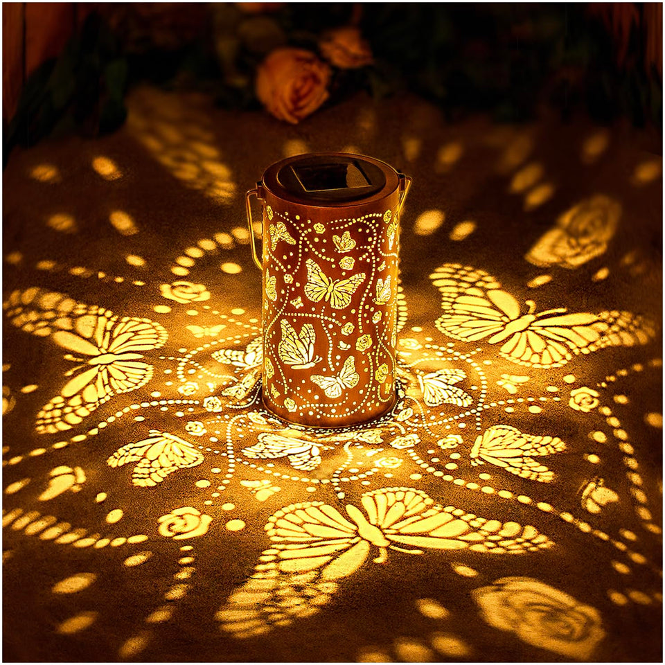 EZTZEN butterfly solar lantern hanging casts warm garden patterns for dusk ambiance