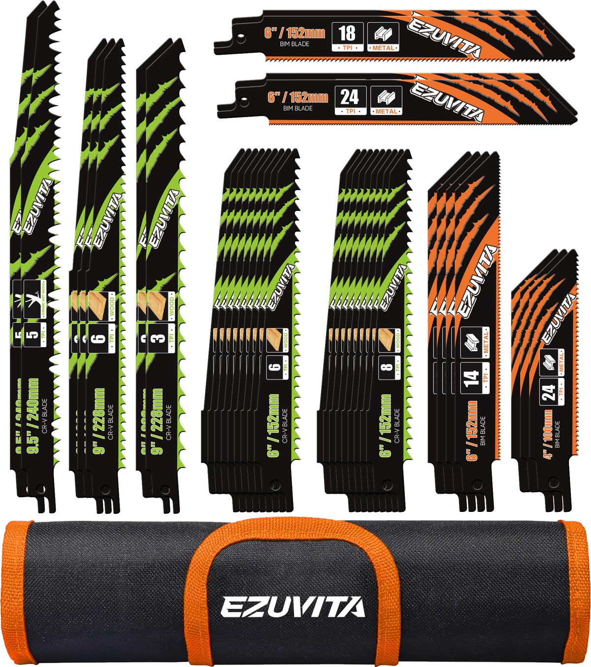 EZUVITA 36-piece saw blade set with organizer pouch for organized tool storage and quick access.