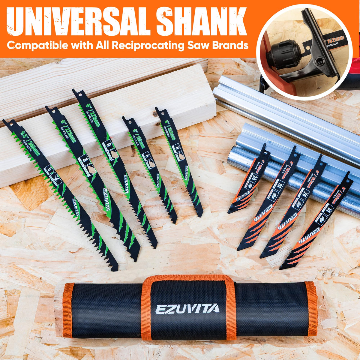 EZUVITA pruning blades, 9.5-inch 5 TPI, perfect for pruning and wet wood tasks.
