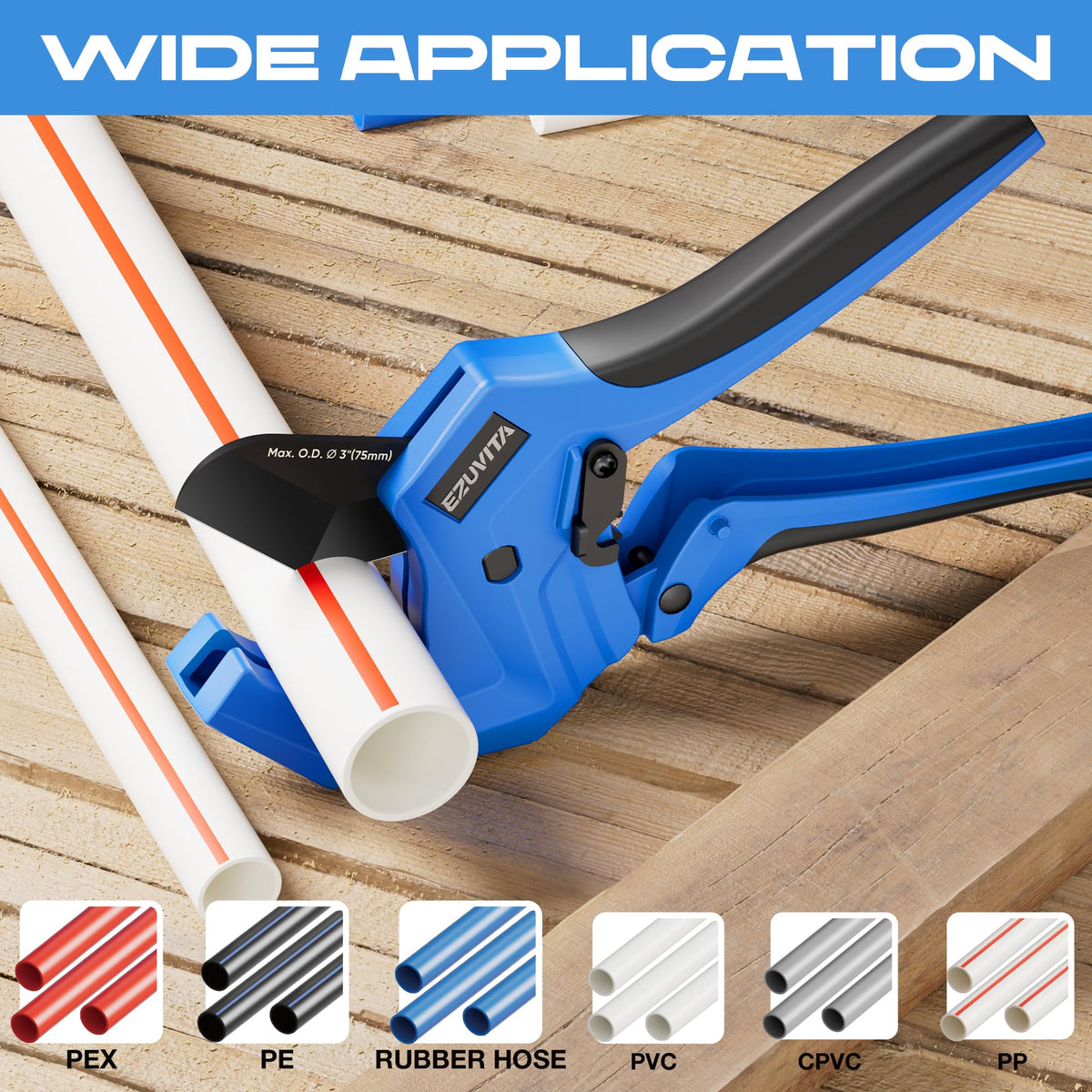 3-inch capacity marking on EZUVITA Ratchet Pipe Cutter for PVC, CPVC, PEX, and more
