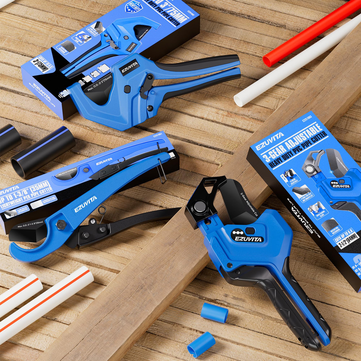 EZUVITA Ratchet Pipe Cutter in action slicing a rubber hose