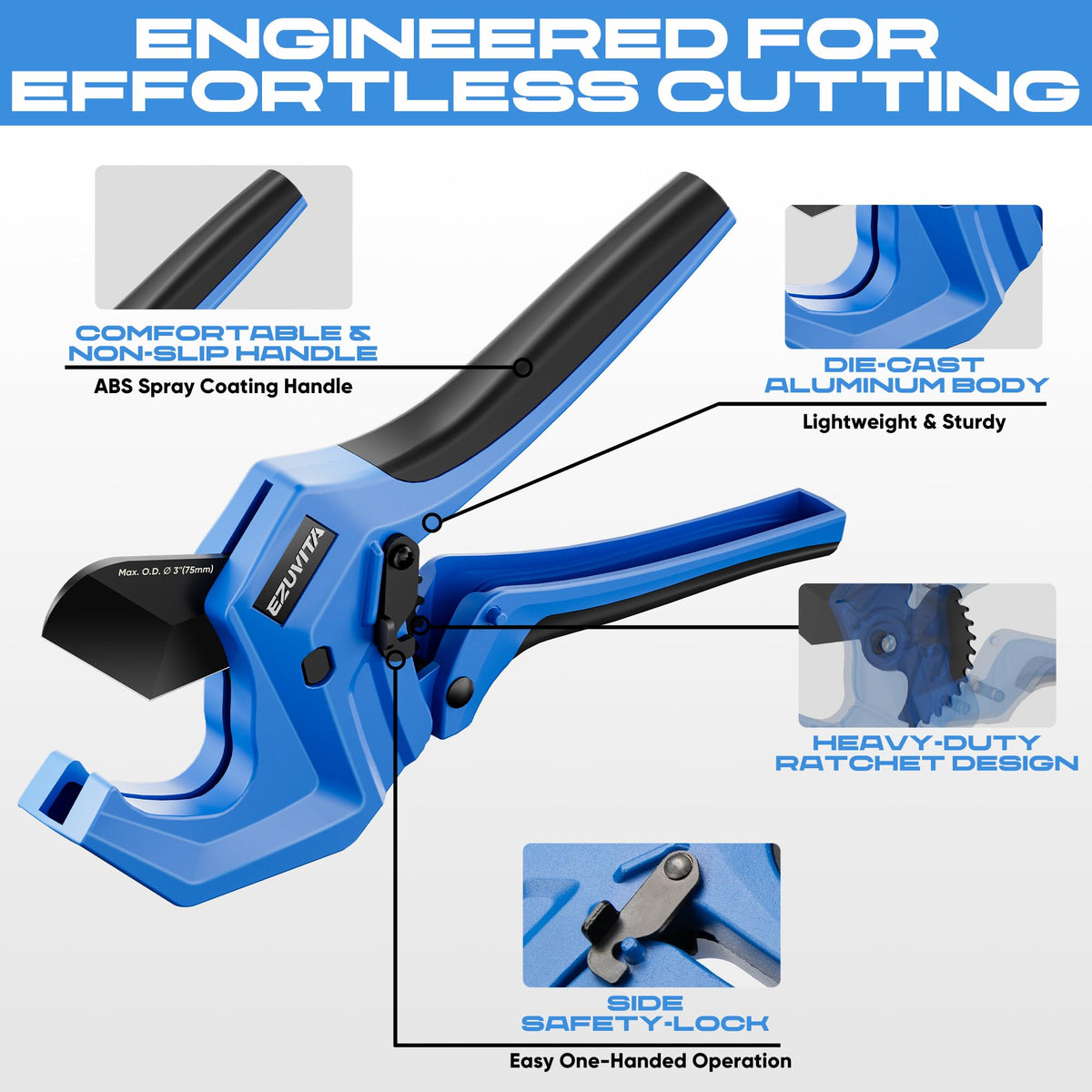 Safety lock on EZUVITA Ratchet Pipe Cutter for secure storage