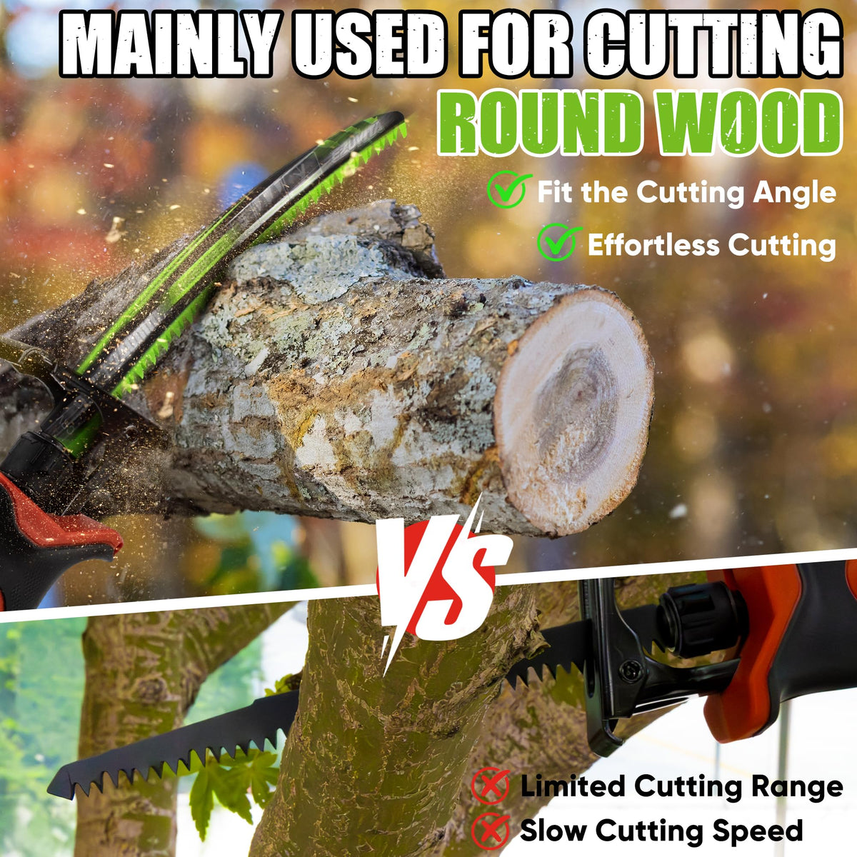 EZUVITA blade cuts wet wood smoothly for pruning and firewood prep