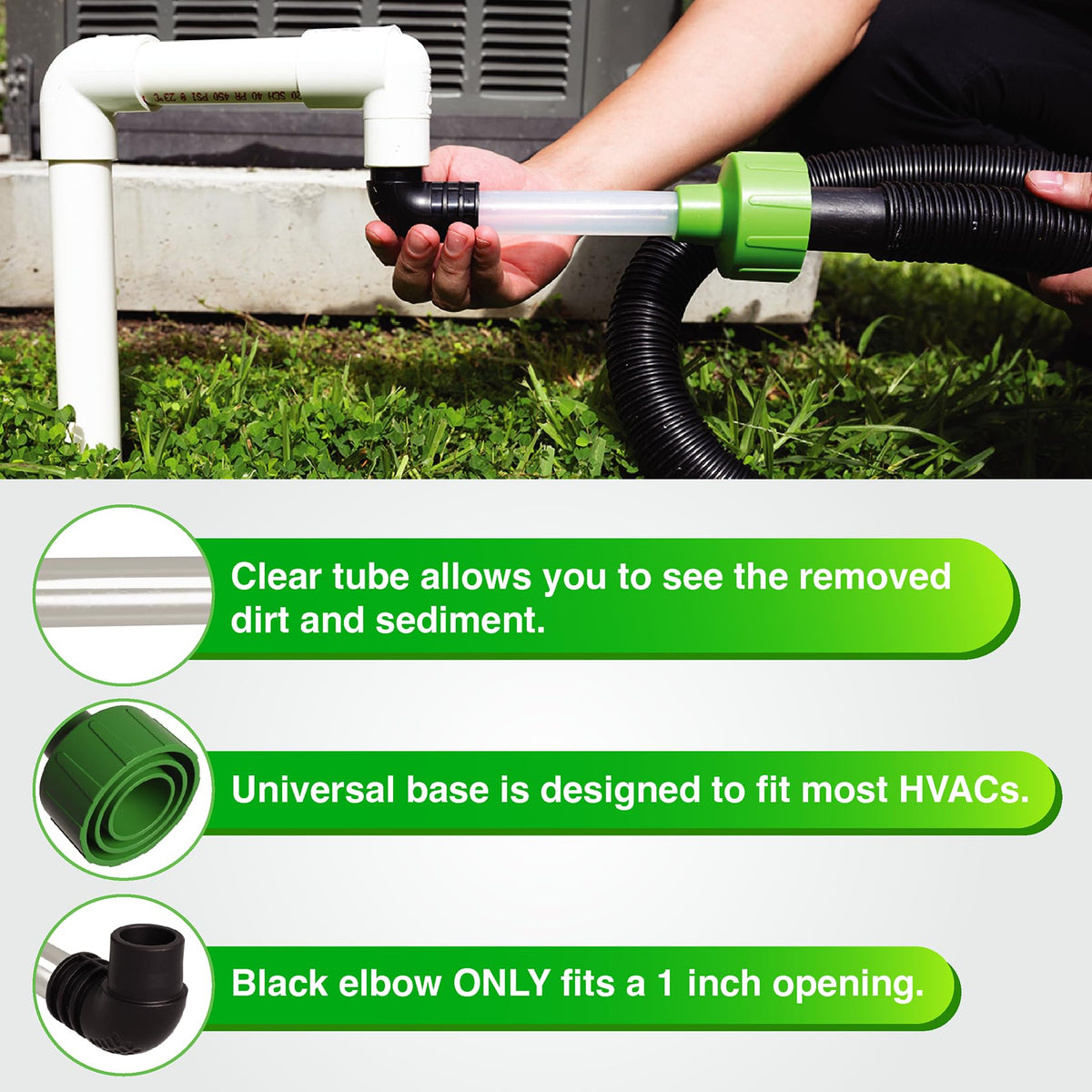EZVAC clear tube view shows removed dirt and sediment during cleaning.