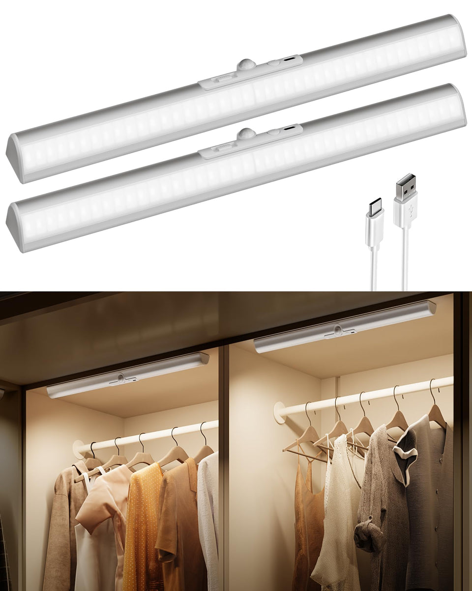 EZVALO 17-inch motion sensor closet light with curved beam for glare-free coverage.