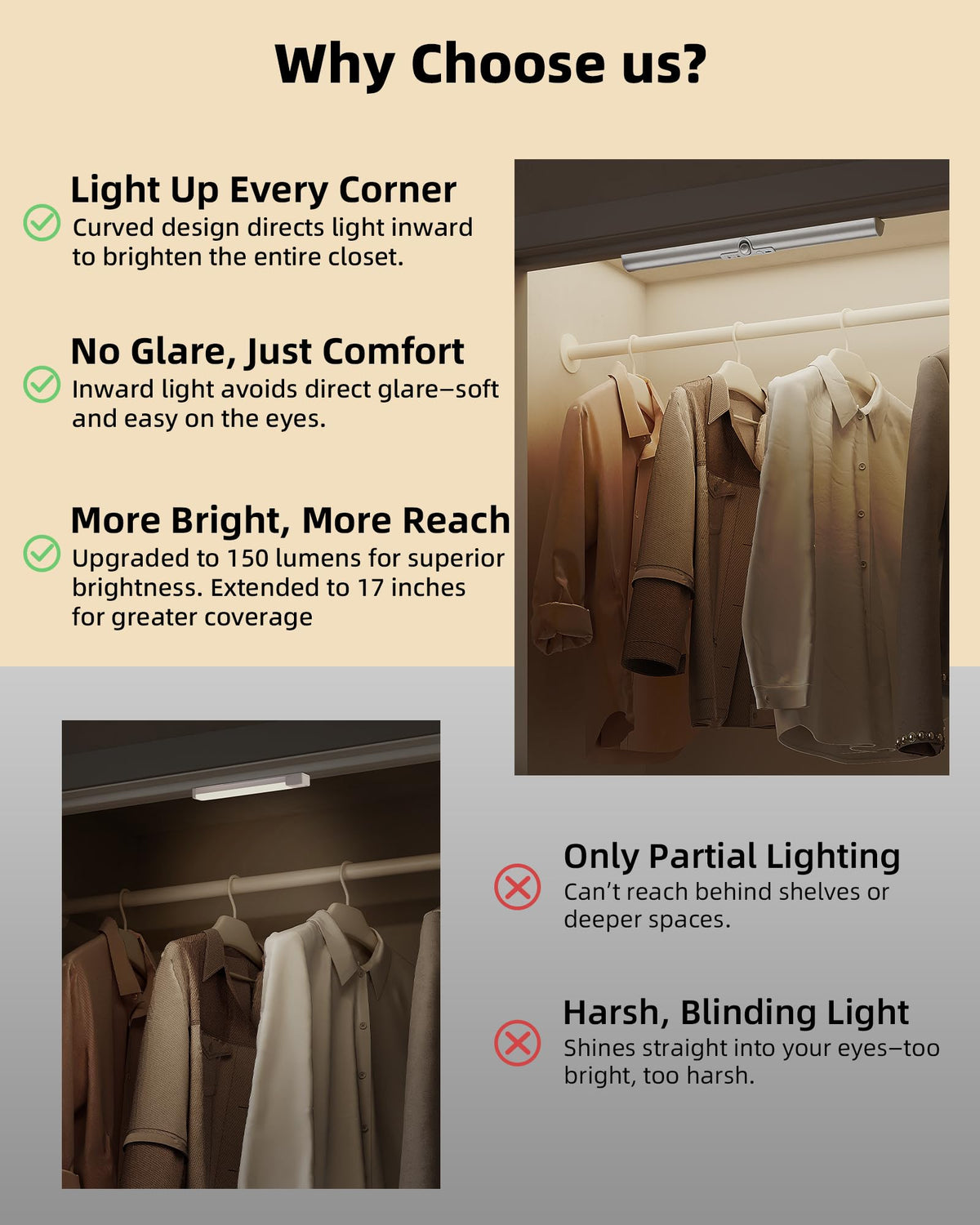 EZVALO motion sensor closet light with 60° rotation for targeted doorway illumination.