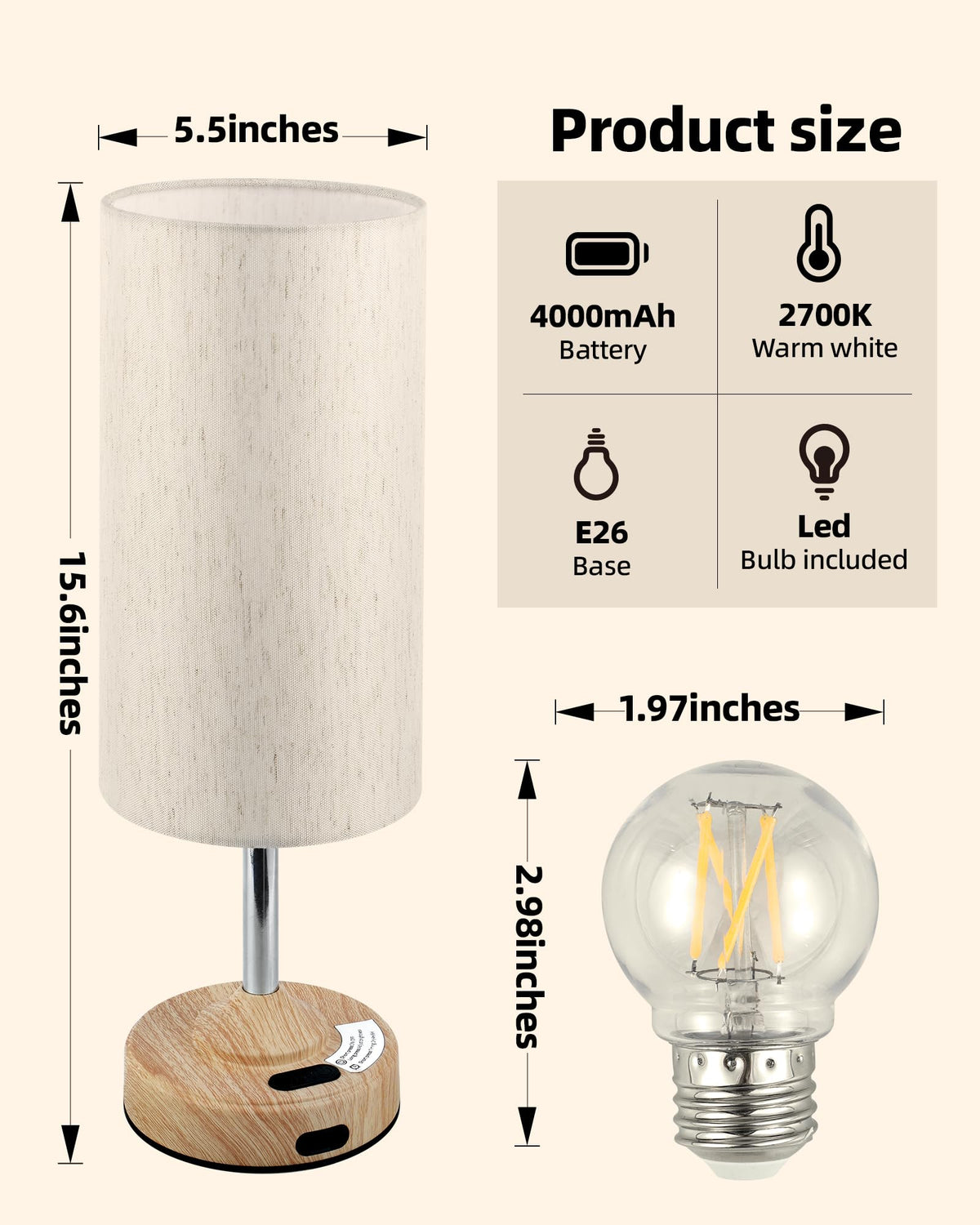 EZVALO cordless table lamp with fabric shade for soft, diffused light.