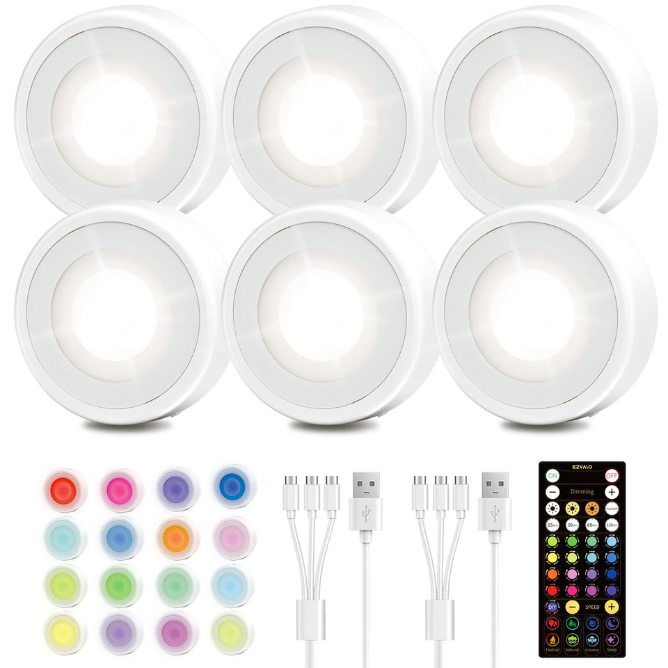 EZVALO LED puck light with 83 RGB colors for versatile mood lighting.