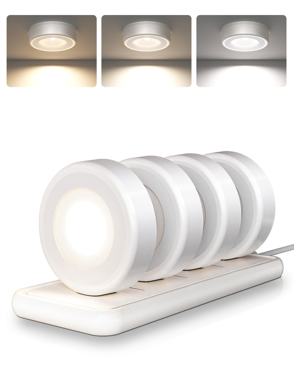 EZVALO LED puck light with charging station enhances closet visibility without wires.