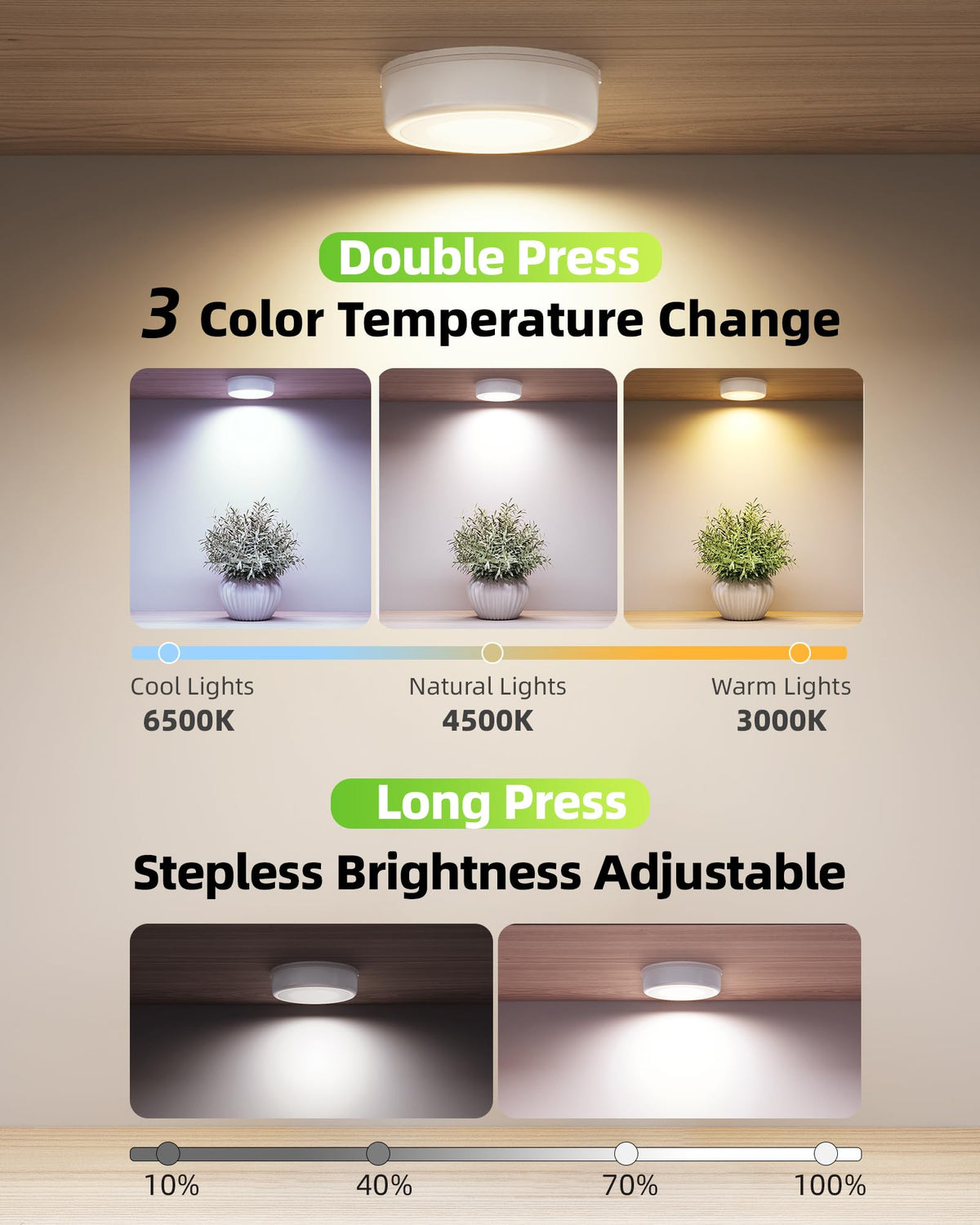 EZVALO LED puck light brightening a kitchen under-cabinet area.