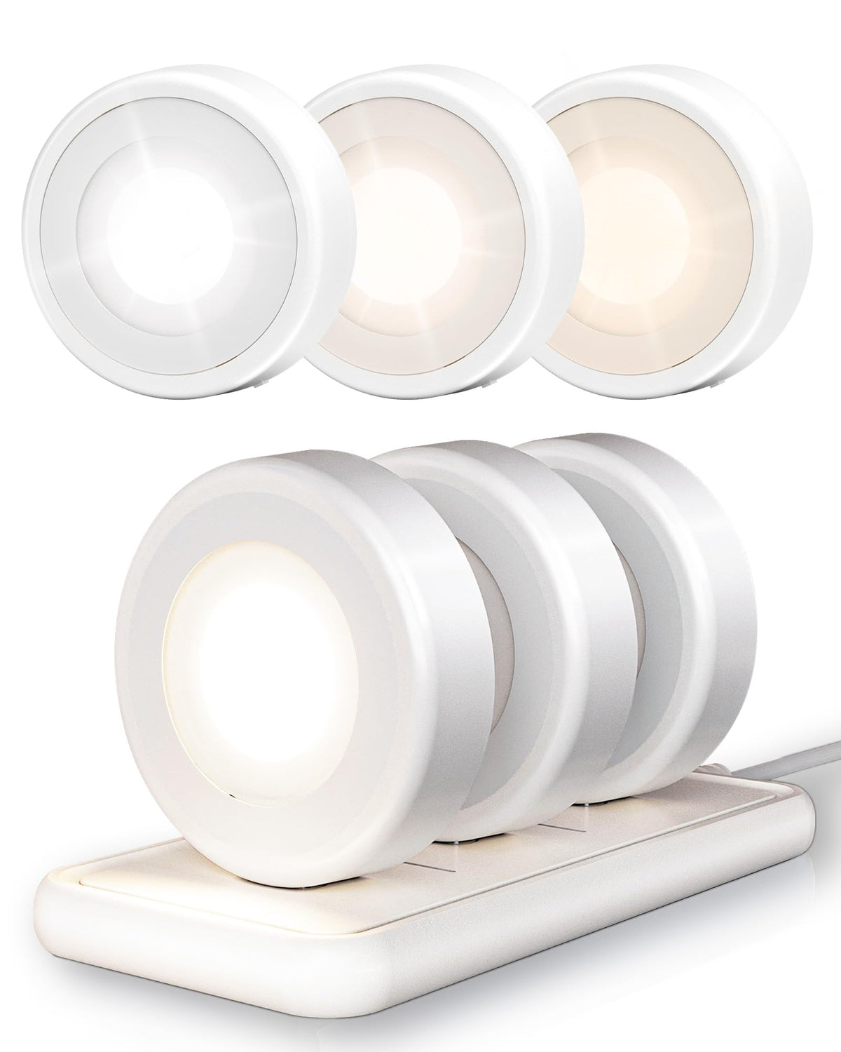 EZVALO LED puck light with charging station illuminates cabinets and charges simultaneously.