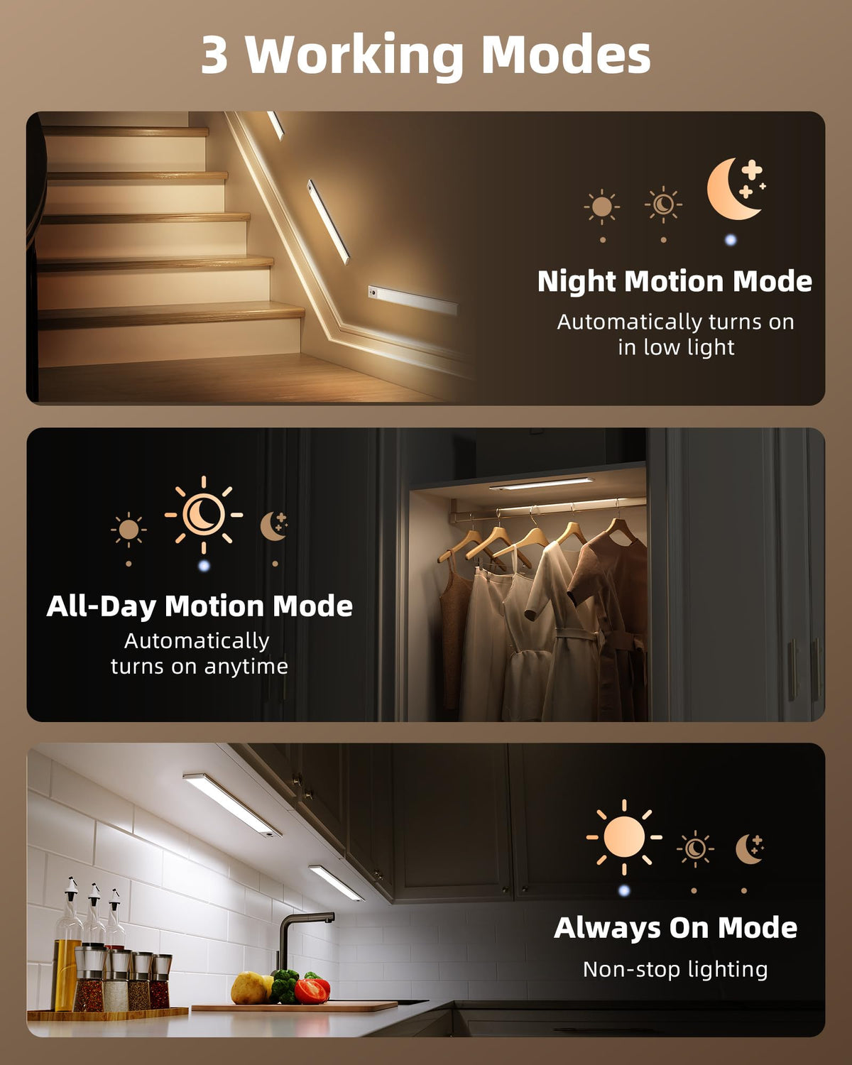Night motion mode activates in low light for late-night prep.