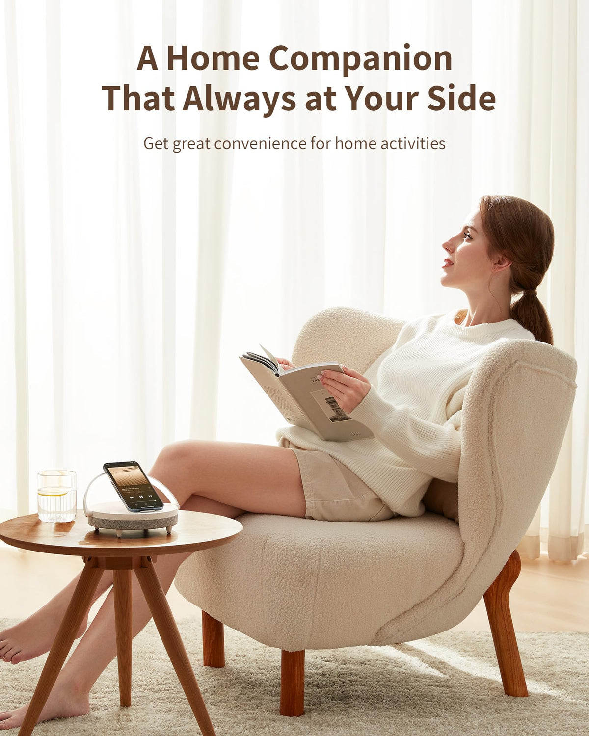 EZVALO nightstand setup with wireless charging and stereo sound.