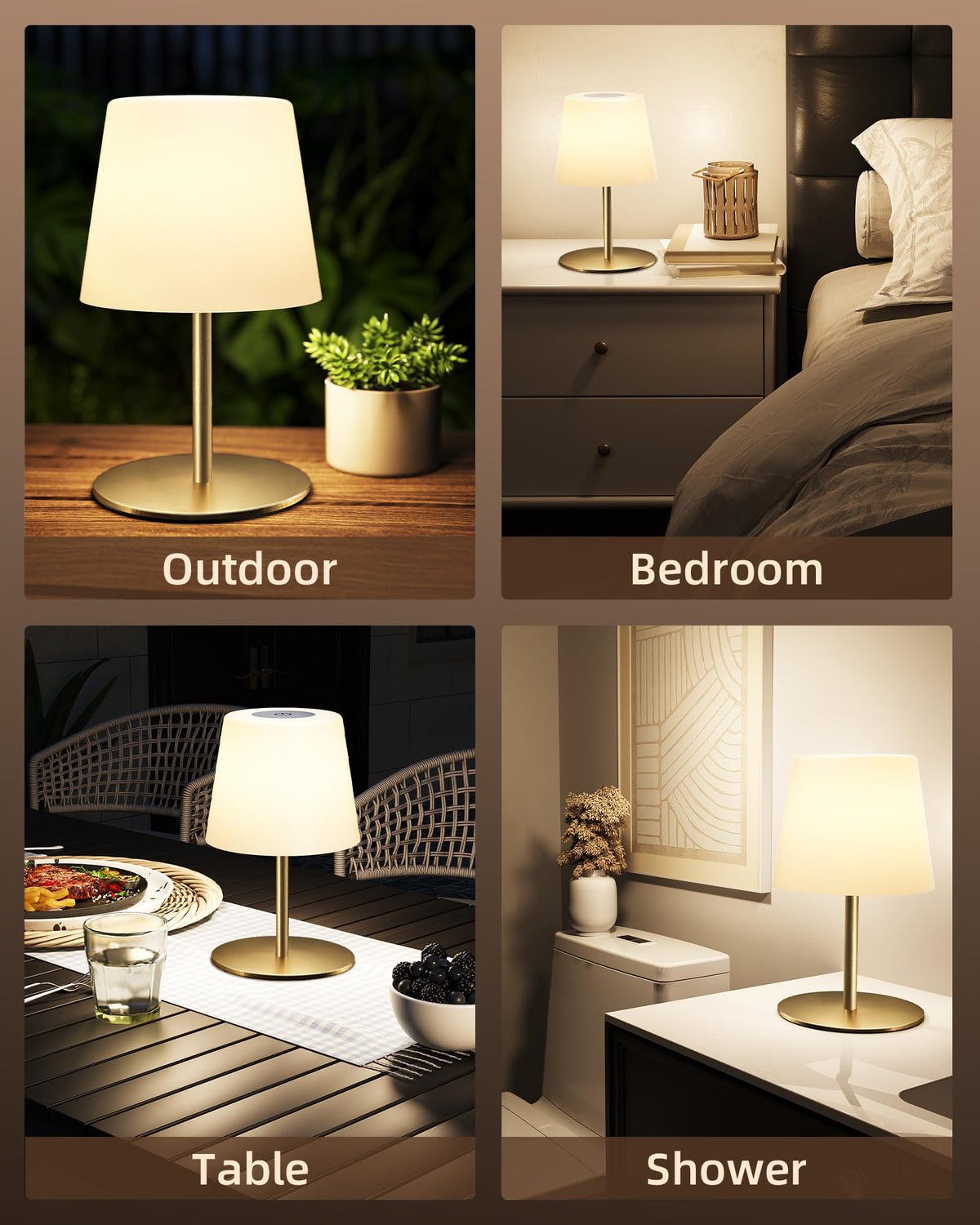 EZVALO lamp gold on patio at night, soft warm glow.