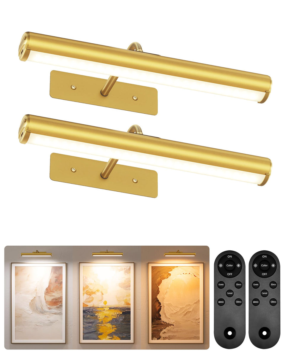EZVALO picture light on wall highlights artwork with warm glow.
