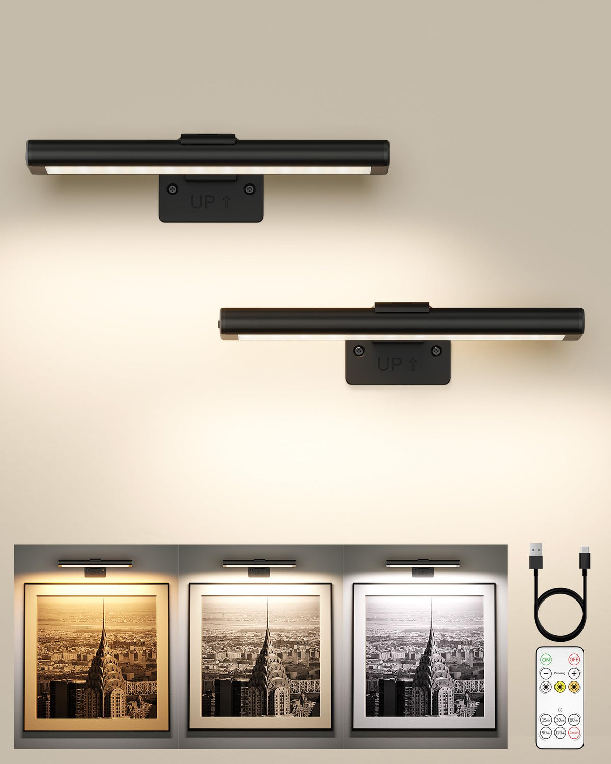EZVALO picture light with battery and remote for convenient wireless control.