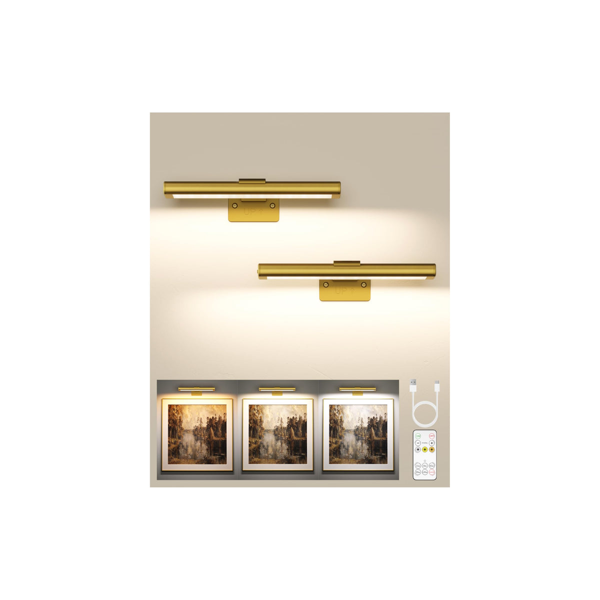 EZVALO Picture Light in gold finish front view highlights art illumination and color accuracy.