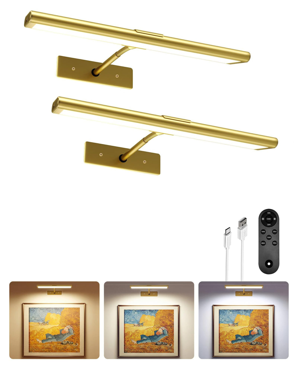 EZVALO picture light with remote controls wall art evenly in a gold finish.