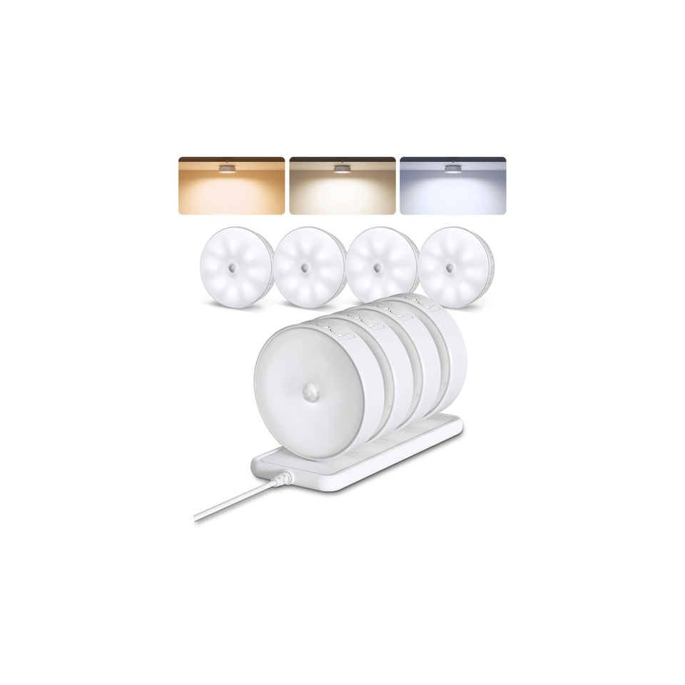EZVALO puck light with motion sensor installed in a closet for hands-free illumination.