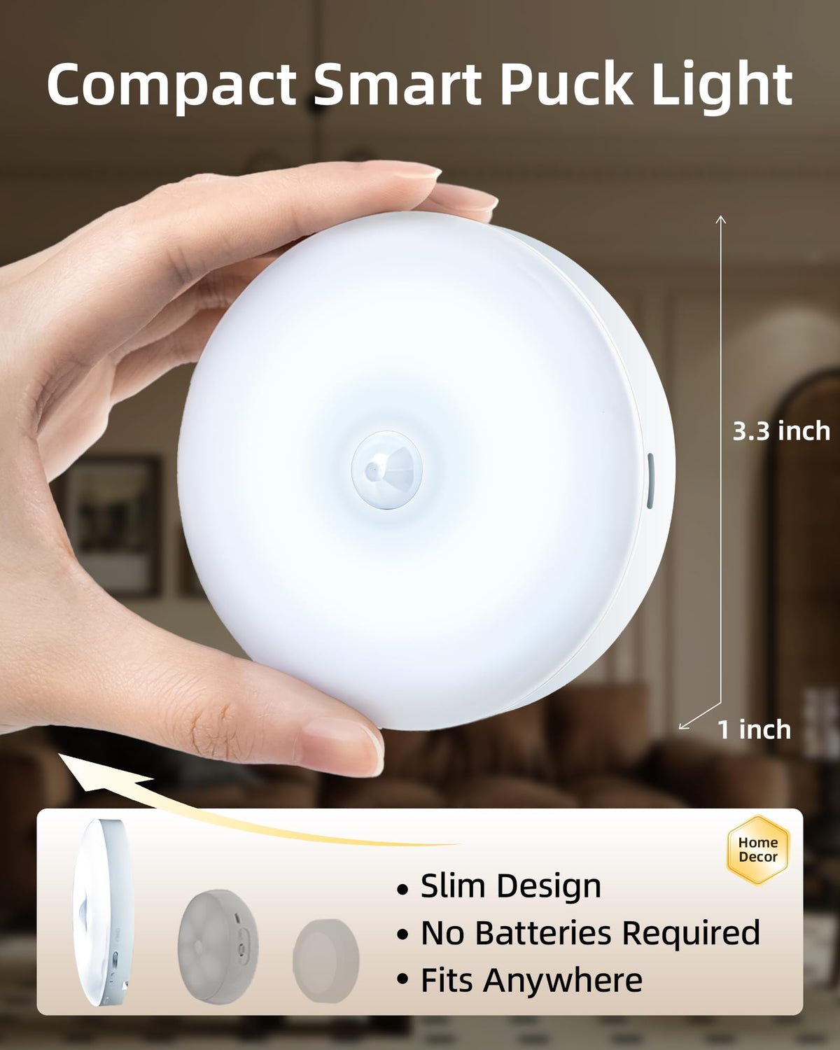 EZVALO puck light with motion sensor brightens shelves when you reach for items.