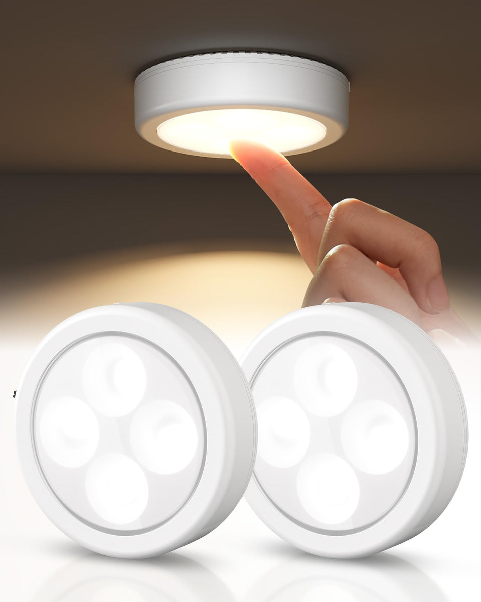 EZVALO LED puck lights showing USB rechargeable power for easy lighting in rooms.