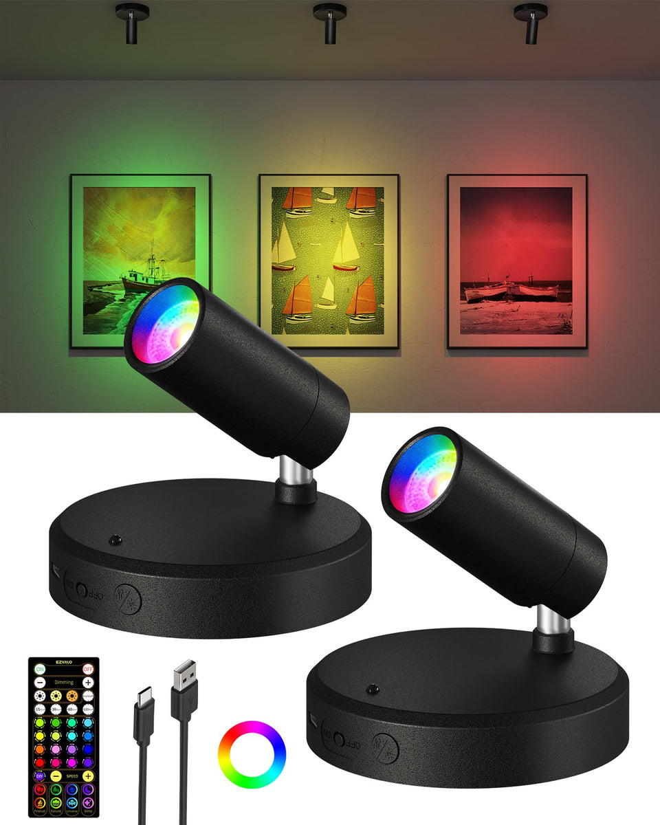 EZVALO RGB spotlights illuminate artwork with wireless remote control