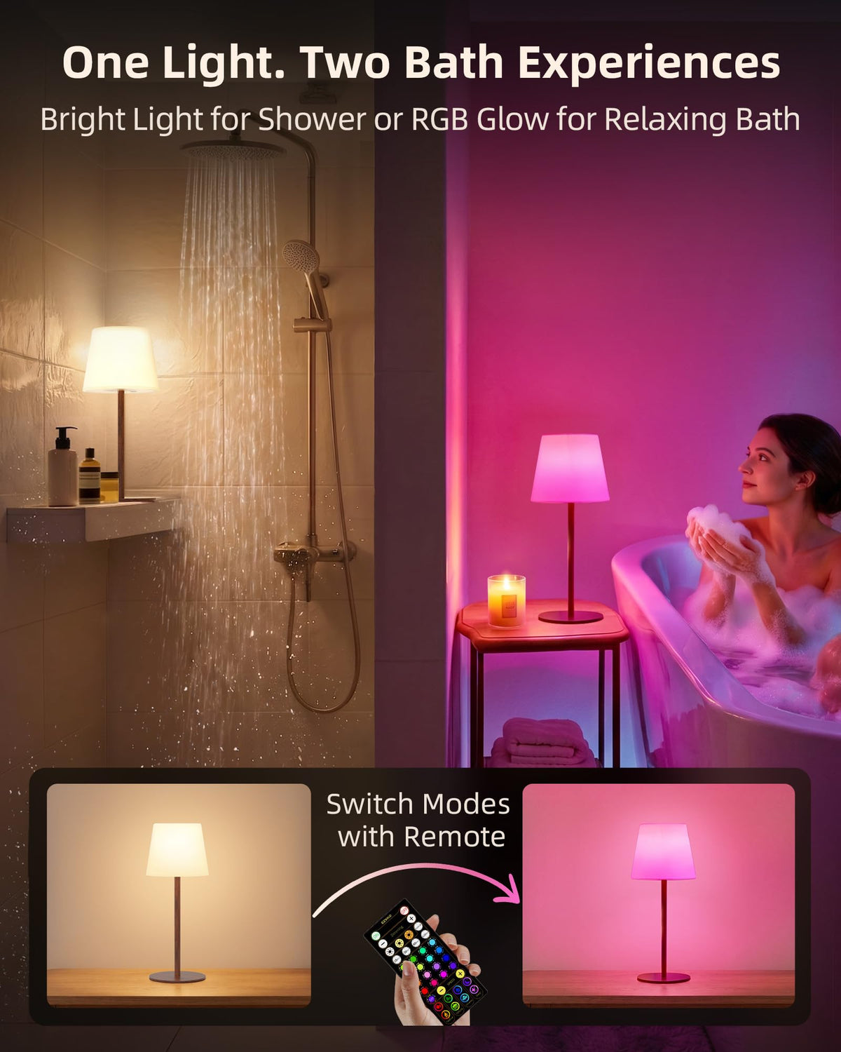 EZVALO spa-like shower lamp remote use demonstrates easy color control from a distance