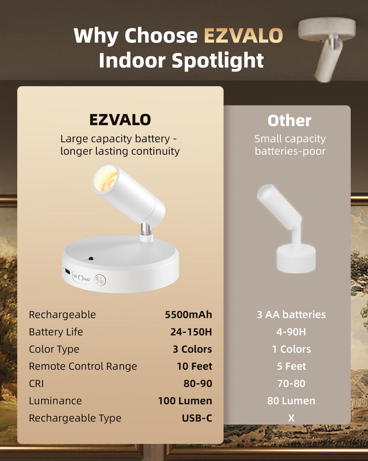 EZVALO spot light 350deg-rotation allows flexible targeting of objects.