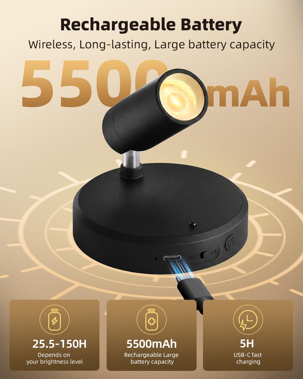 EZVALO rechargeable spotlight showing USB-C charging for extended runtime.