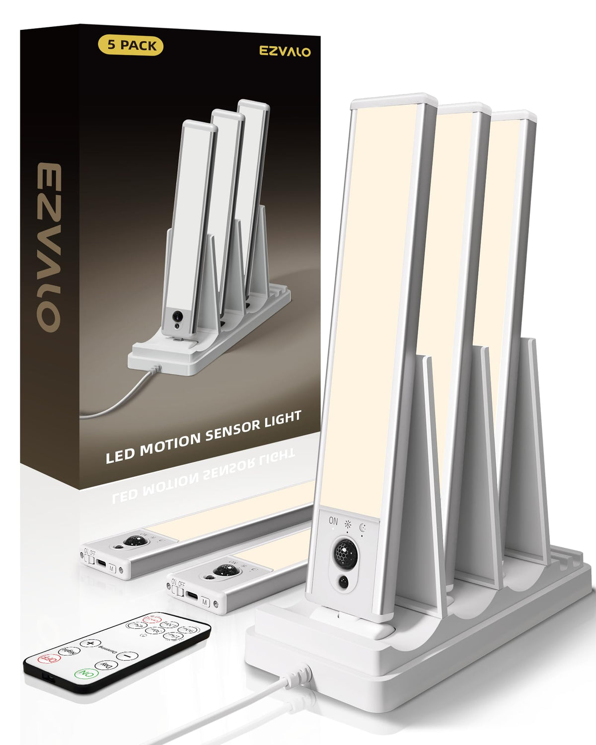 EZVALO under-cabinet lighting with dock charging base for clutter-free charging.