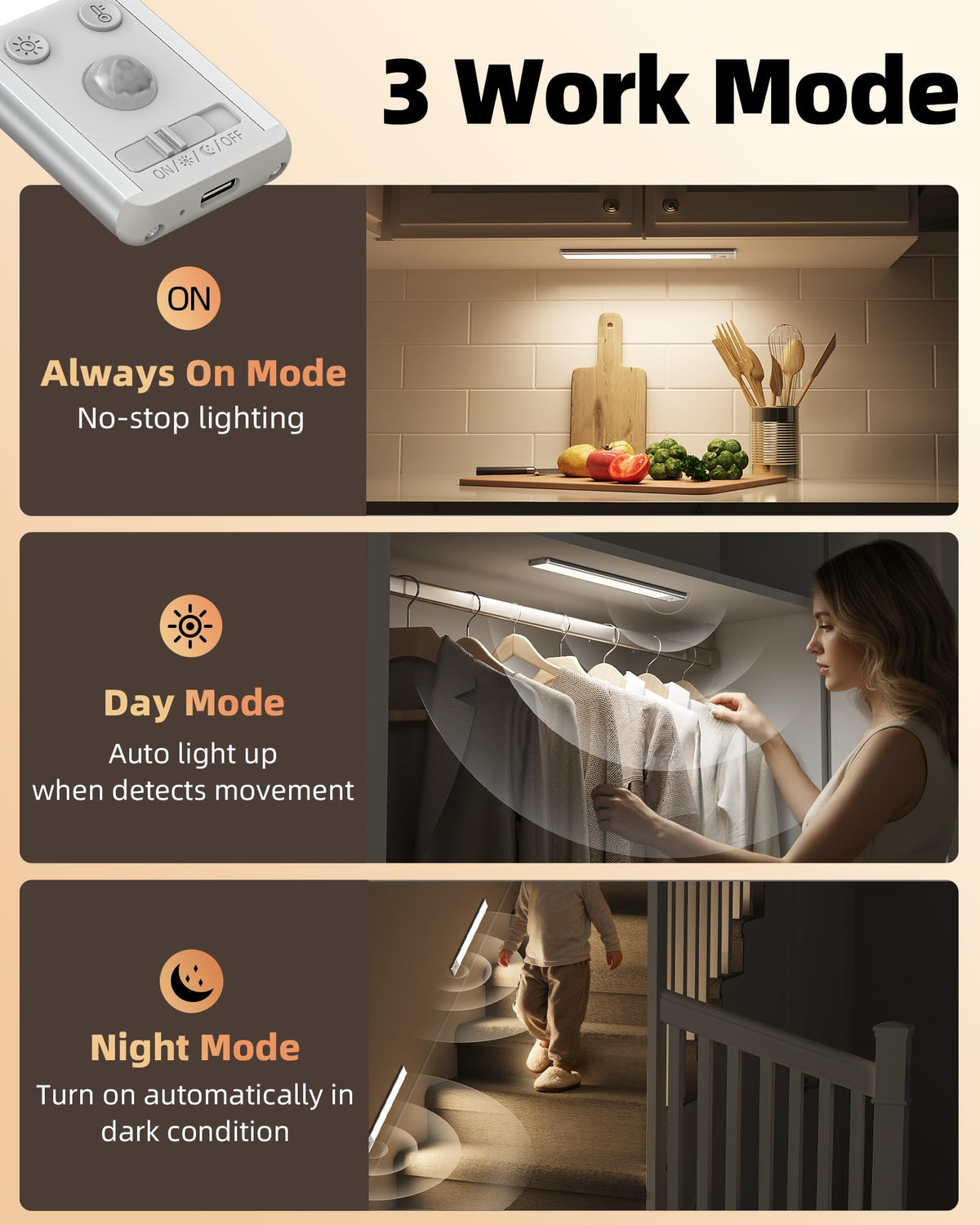 EZVALO versatile placement for kitchen, pantry, closet, and stairs.