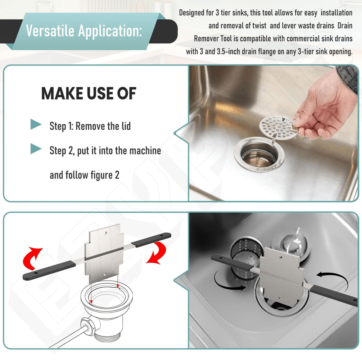 EZYPAK stainless steel construction for durable kitchen drain maintenance.