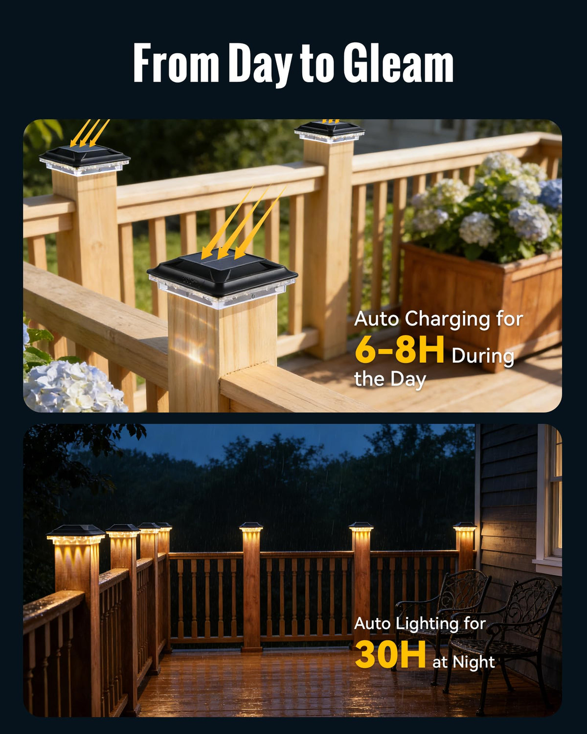 FabStyl solar post cap light glowing at night along pathways and deck edges