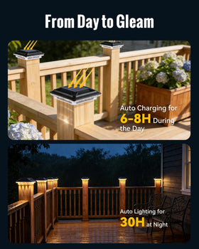 FabStyl solar post cap light glowing at night along pathways and deck edges