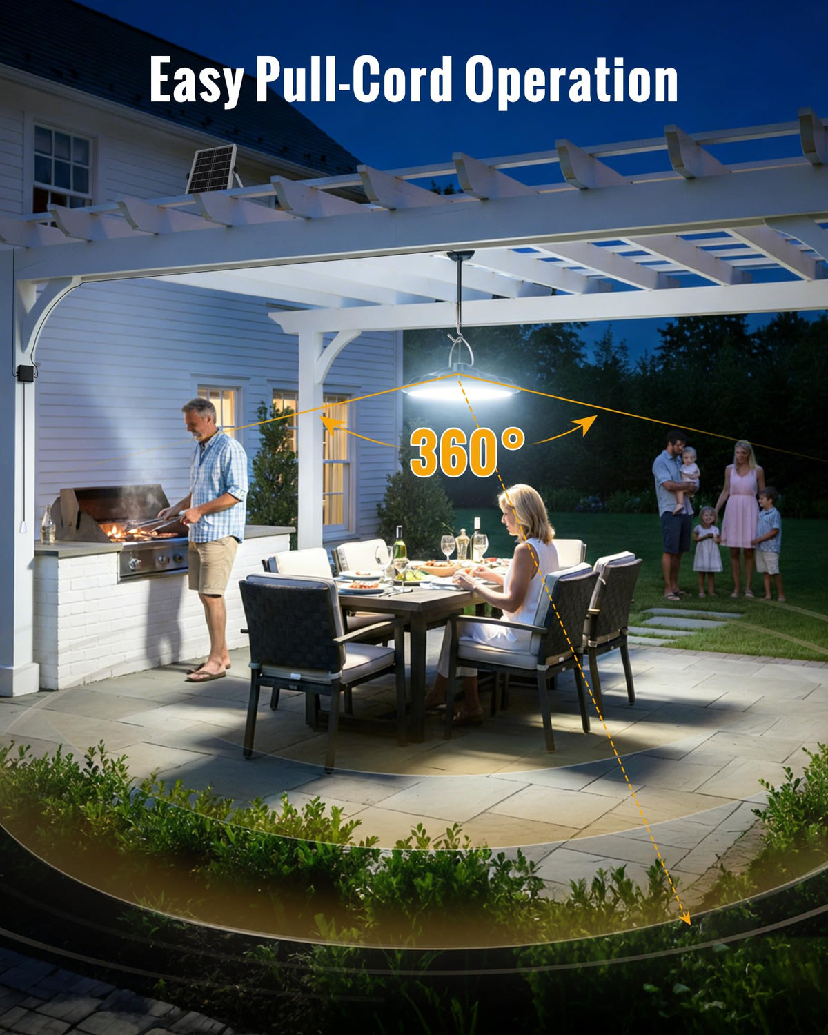 FabStyl solar shed light outdoor pendant providing bright illumination.