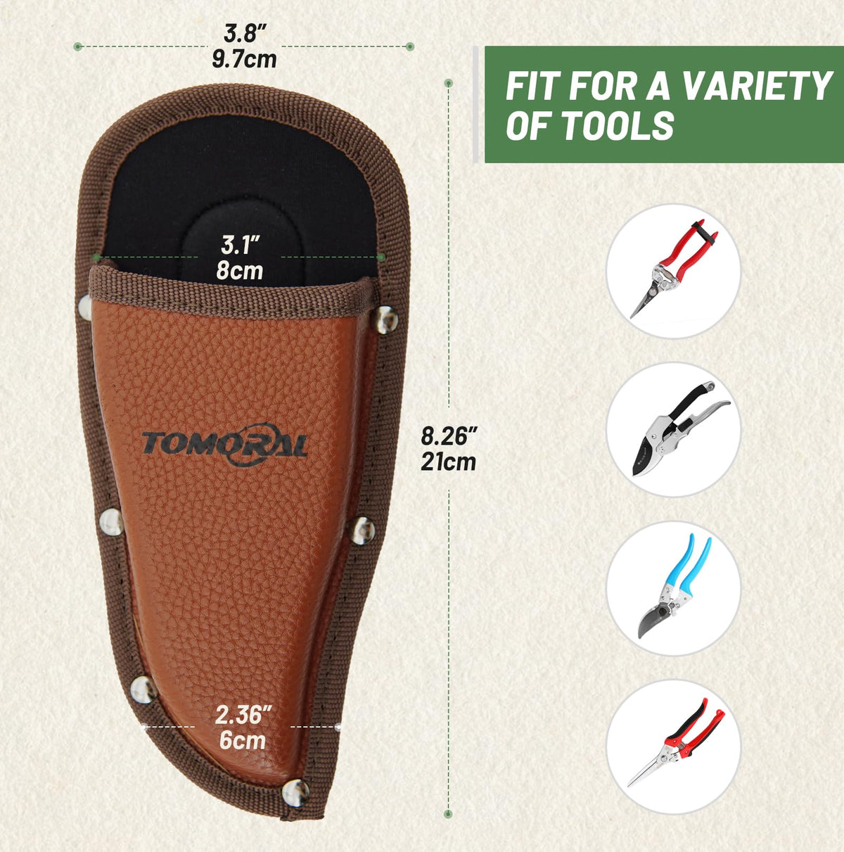 Facecool pruner holder shows riveted and stitched safety features for durability