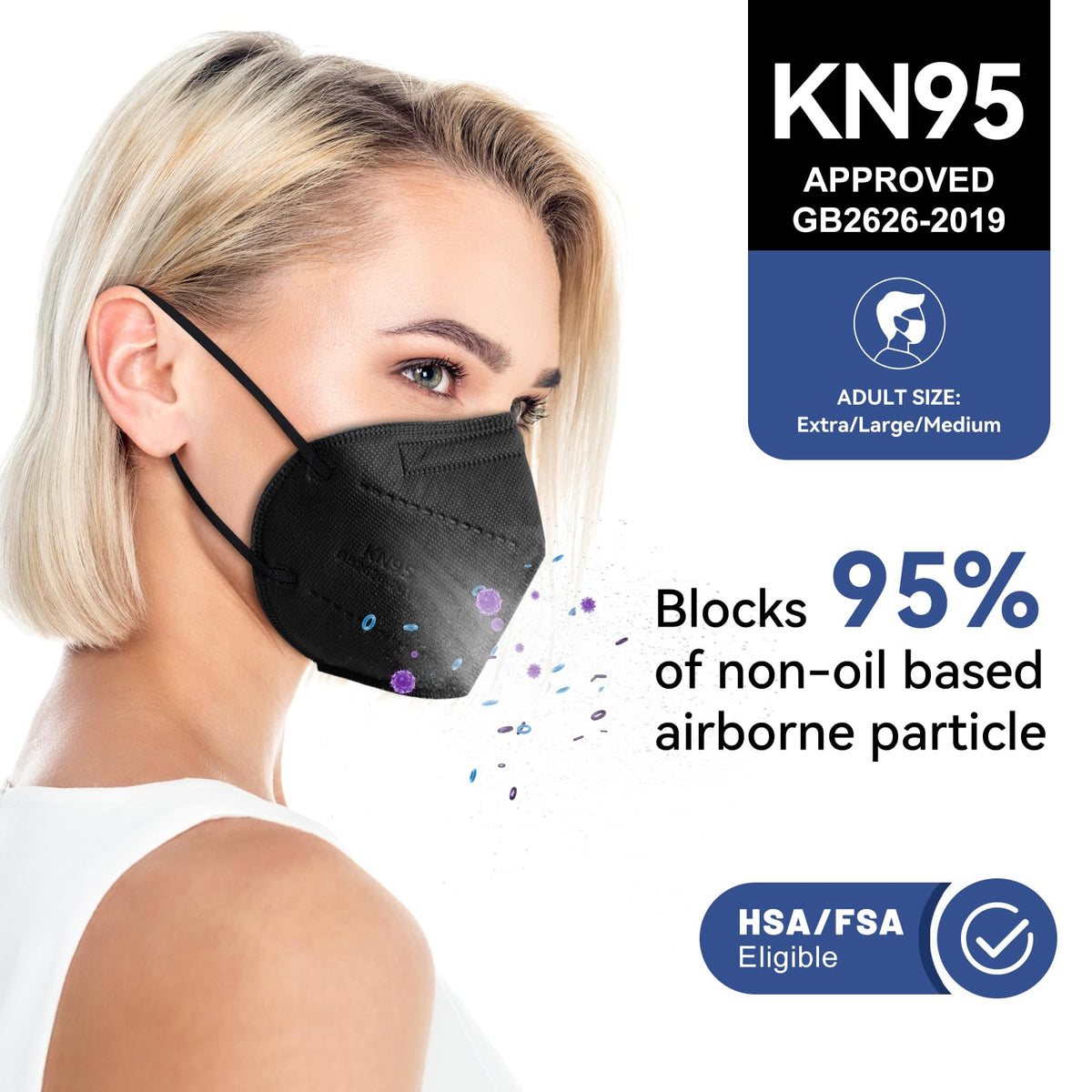 FACEMOON KN95 black mask with 3D fit and adjustable nose clip.