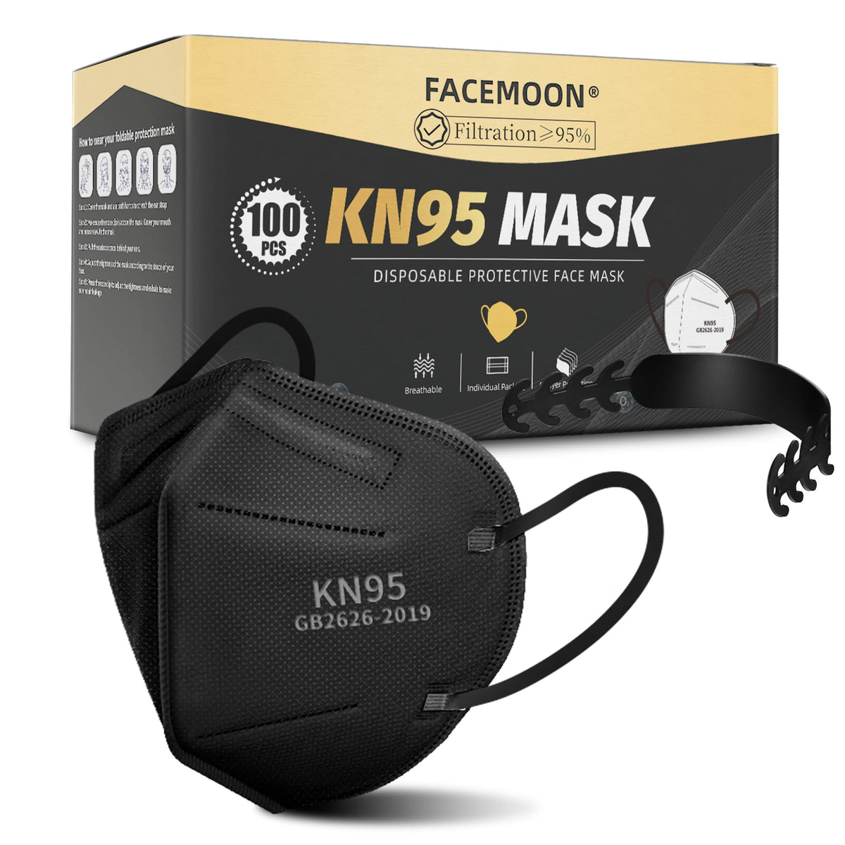 FACEMOON KN95 black masks in a 100-pack for everyday use.