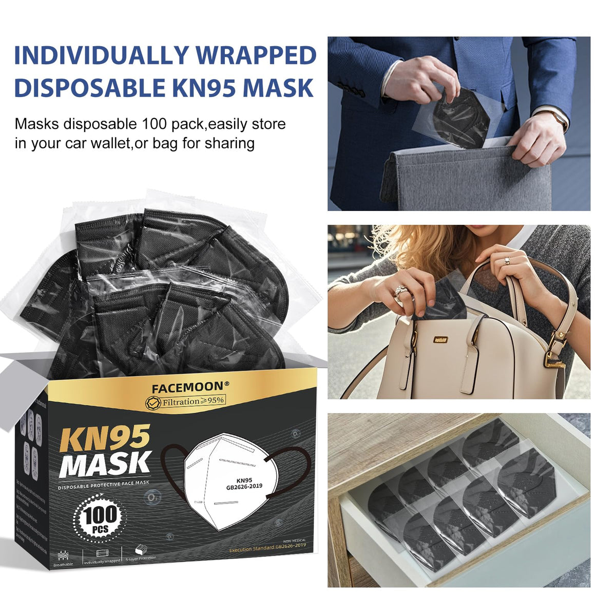 FACEMOON KN95 black masks are latex-free and breathable for long wear.