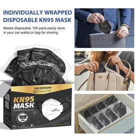 FACEMOON KN95 black masks are latex-free and breathable for long wear.