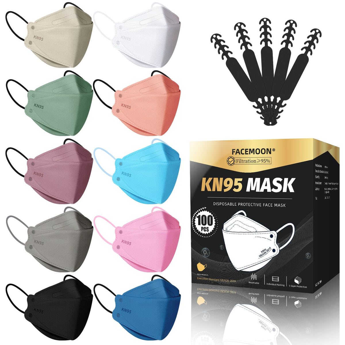 FACEMOON KN95 mask with 5-layer design for reliable filtration and breathability.